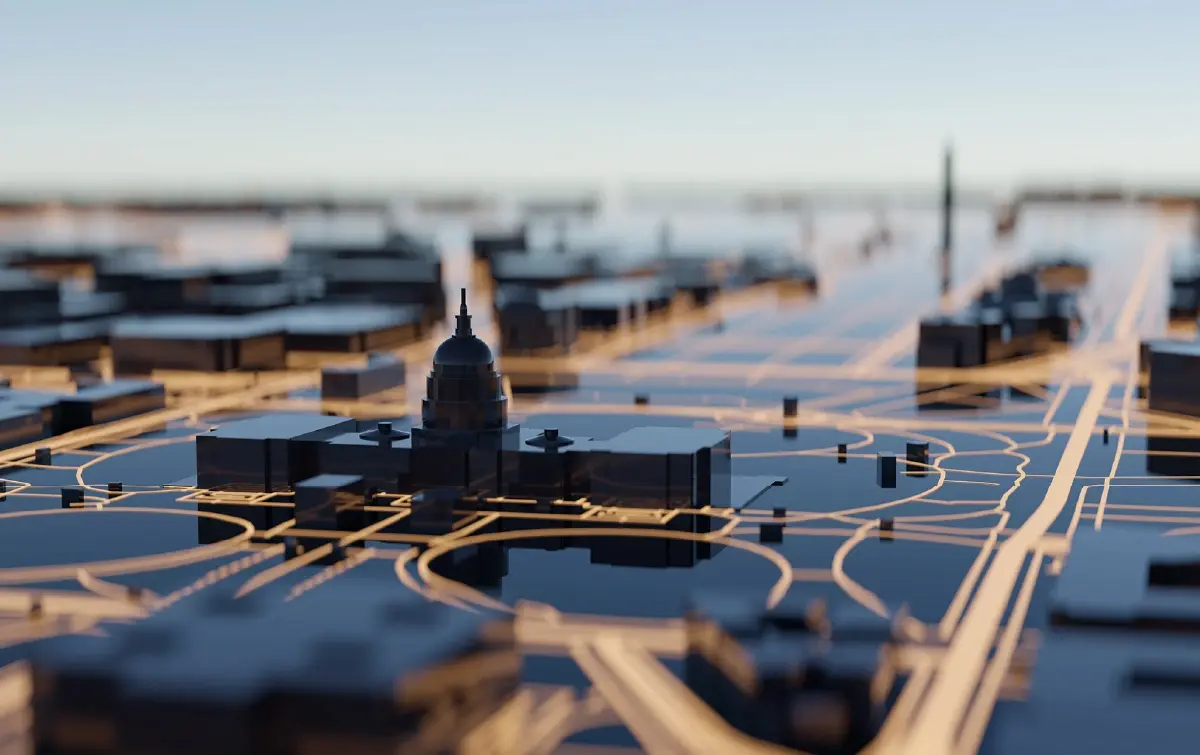 A stylized city map with glowing lines and buildings, suggesting connected systems, oversight, and the complexity of managing government technology